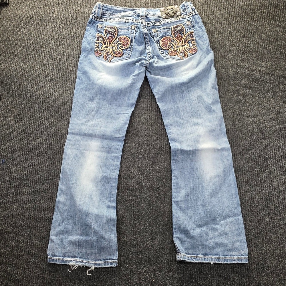 Miss Me Bootcut Jeans Womens 31 Blue Good Fleur De Lis Embroidered Studded Y2K - Picture 4 of 16
